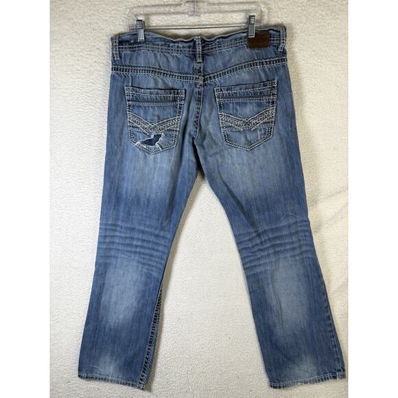 Buckle BKE Carter Jeans Mens 36R 36x31 Blue Straight Distressed Thick Stitch - Picture 13 of 16